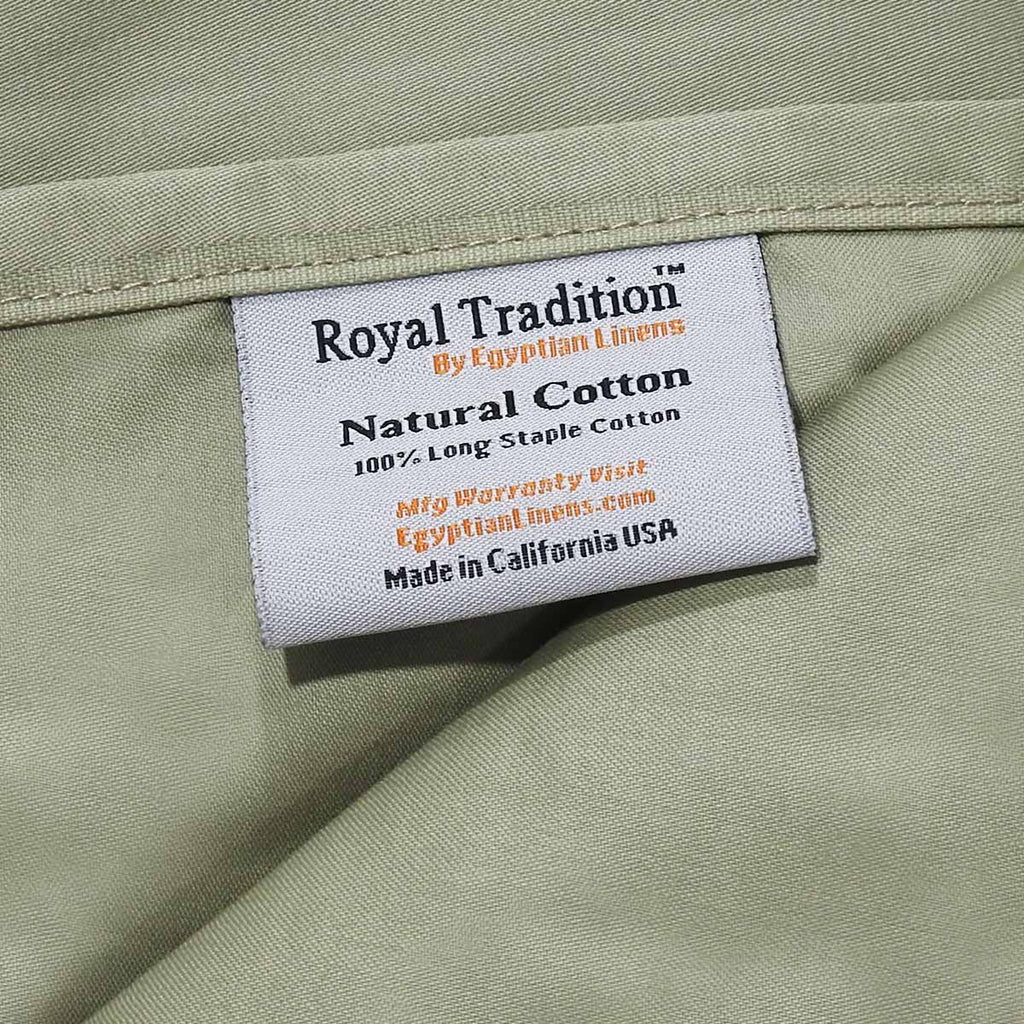 Sewing Label Reads: Royal Tradition by Egyptian Linens. Natural Cotton 100% Long Staple Cotton. Made in California USA.